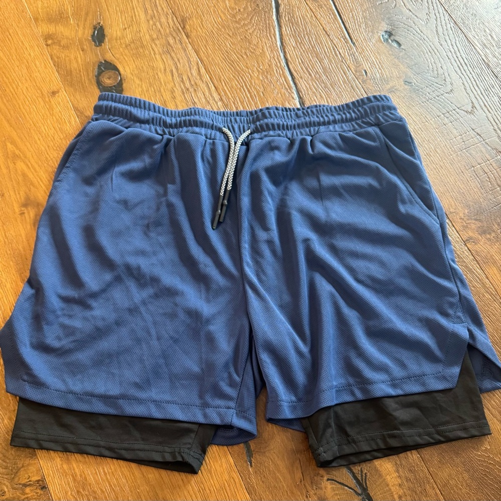 Blue and Black Layered Athletic Shorts with Compression Liner